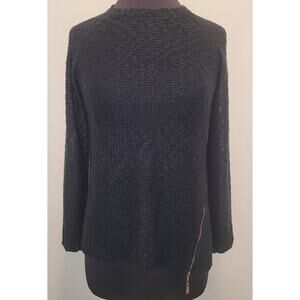 VTG Retro ParisianStyle Black Jumper Chunky Knit Sweater Gold Zipper Accent M